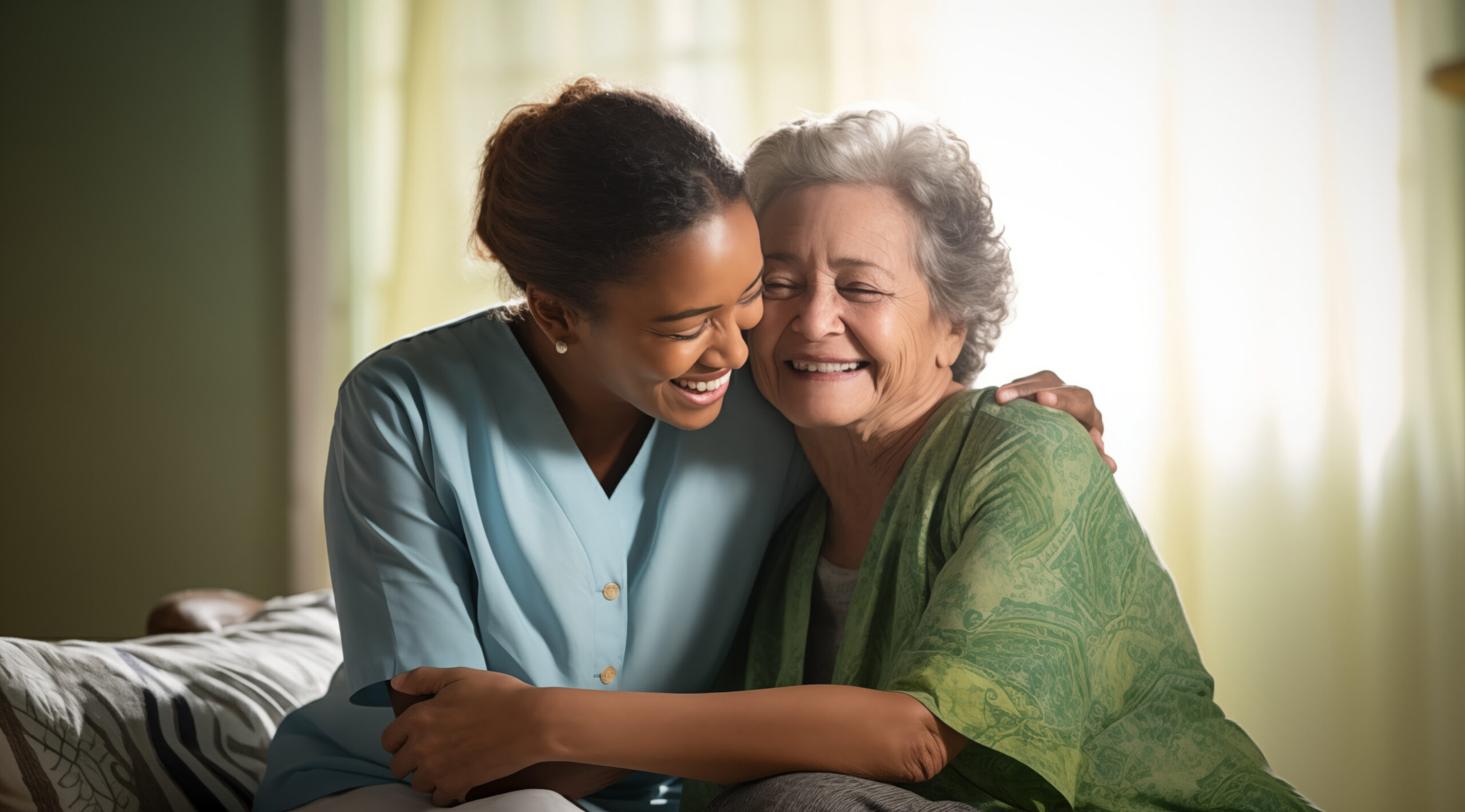 A caregiver sharing a happy moment with an older adult